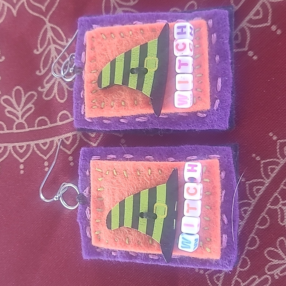 Halloween Artist Made Earrings - Orange and Purple Felt Beads Buttons 3 Pair $15